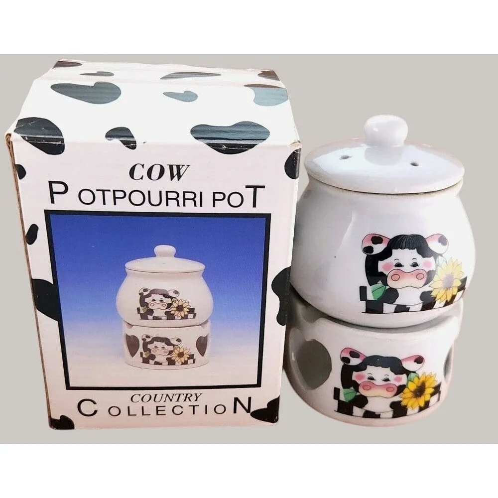 Vtg Cow Potpourri Pot Ceramic Wax Melt Tealight Warmer Sunflower 3Pc Box